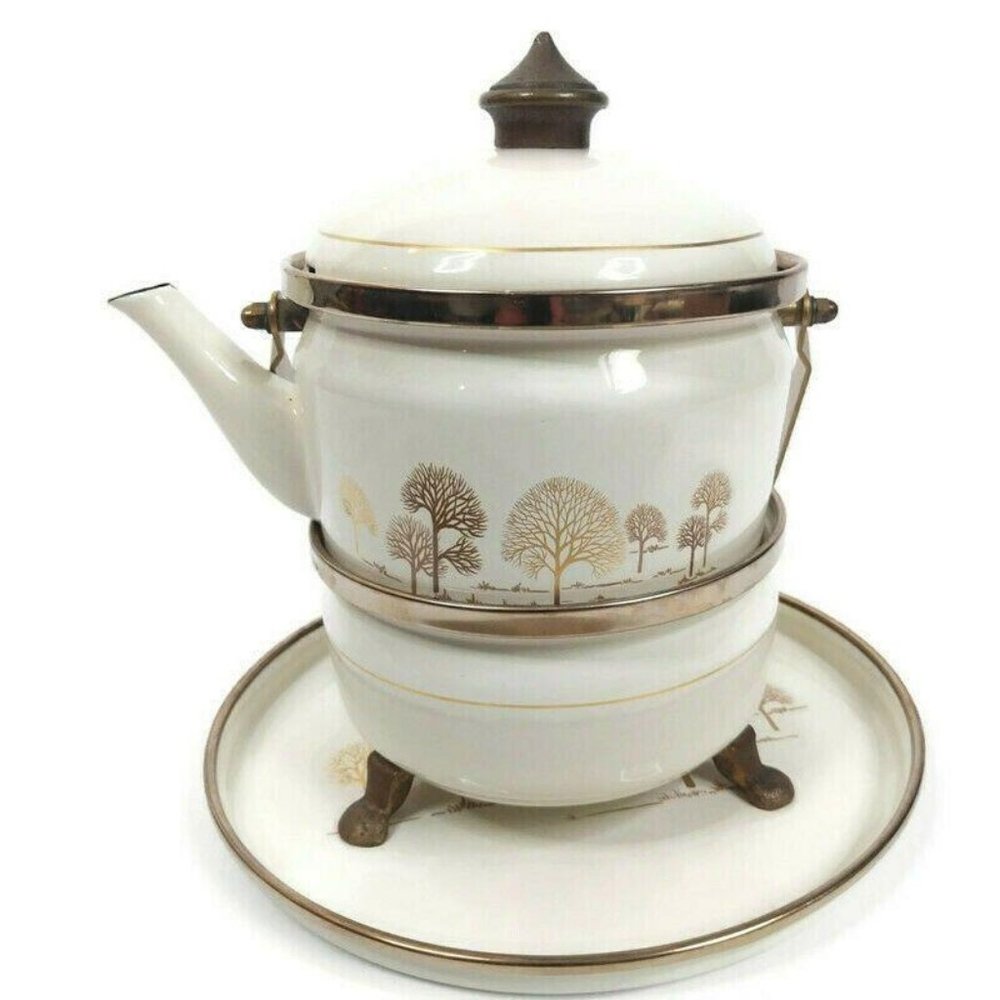 Vintage Asta Tea Kettle Teapot Warmer Plate Enamel White Gold Trees West Germany